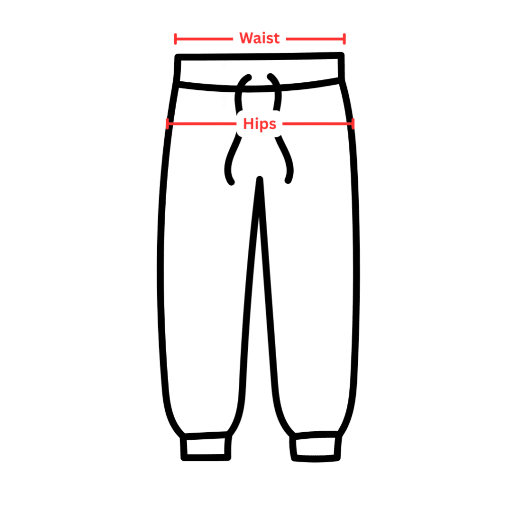 Men’s jogger pants size guide – waist and hips measurement illustration