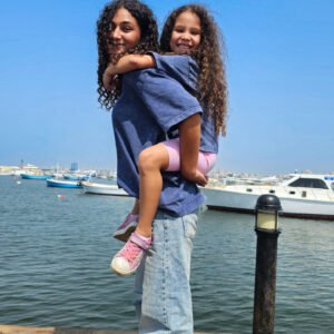 Model and kids wearing oversized blue washed T-shirts – PoshFashion kids fashion