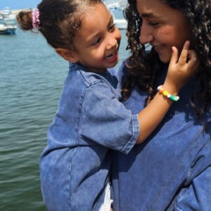 Model and kids wearing oversized blue washed T-shirts – PoshFashion kids fashion