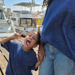 Model and kids wearing oversized blue washed T-shirts – PoshFashion kids fashion