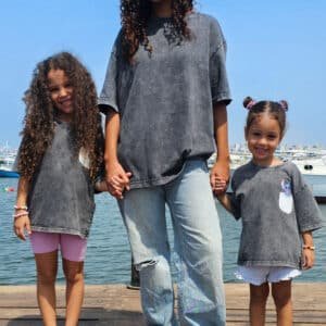 Model and kids wearing oversized grey washed T-shirts – PoshFashion casual kidswear