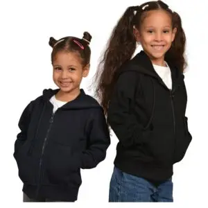 Two children wearing PoshFashion black and navy zip-up sweatshirts